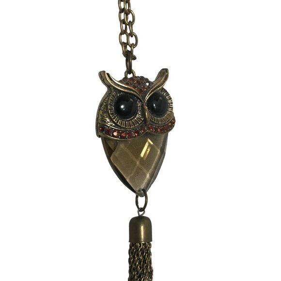 Vintage Owl Pendant Necklace by Katherine Karambelas Tassel & Rhinestone Accents - Picture 4 of 8